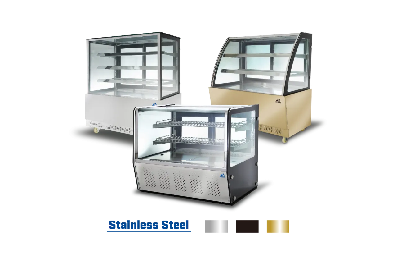 Three models of Compact Countertop Commercial Cake Display Cabinet | CTSR in different finishes: stainless steel, bronze, and gold, with the "Stainless Steel" label below.