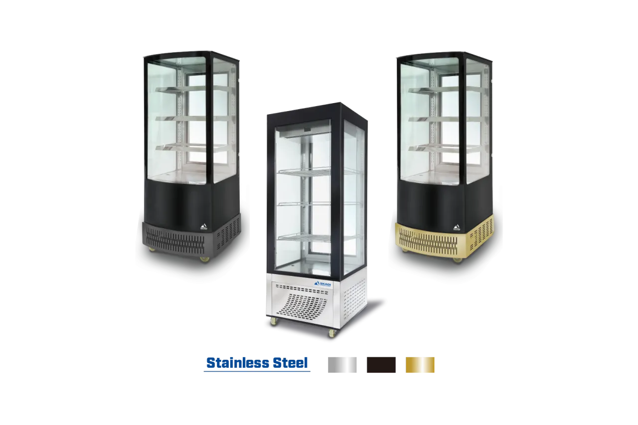 Three Vertical Upright Chillers | FGG models in different color options: black, stainless steel, and gold trim, providing a versatile choice for matching various interior aesthetics. Each chiller offers transparent glass panels and multiple shelving levels for effective product display.