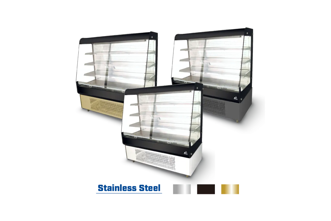 Three [Durable Open Chiller with Efficient Cooling | SOC] units in different finishes – stainless steel, dark bronze, and gold – highlighting customizable color options to match various retail interiors.