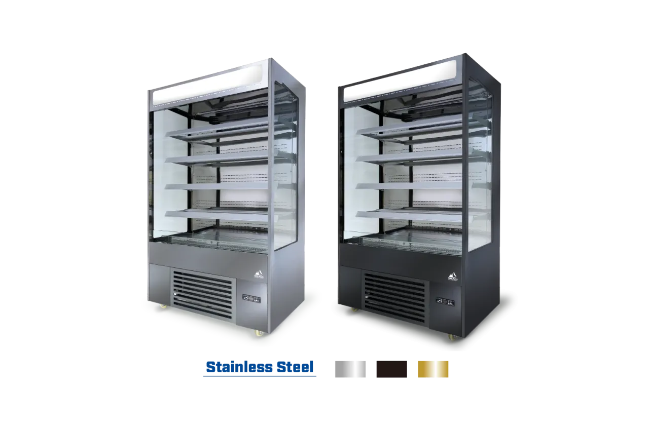 Side-by-side view of two [High-Efficiency Open Chiller for Corporate Environments | LOC] models in stainless steel and black finishes, showcasing color options and sleek design suited for modern corporate spaces.