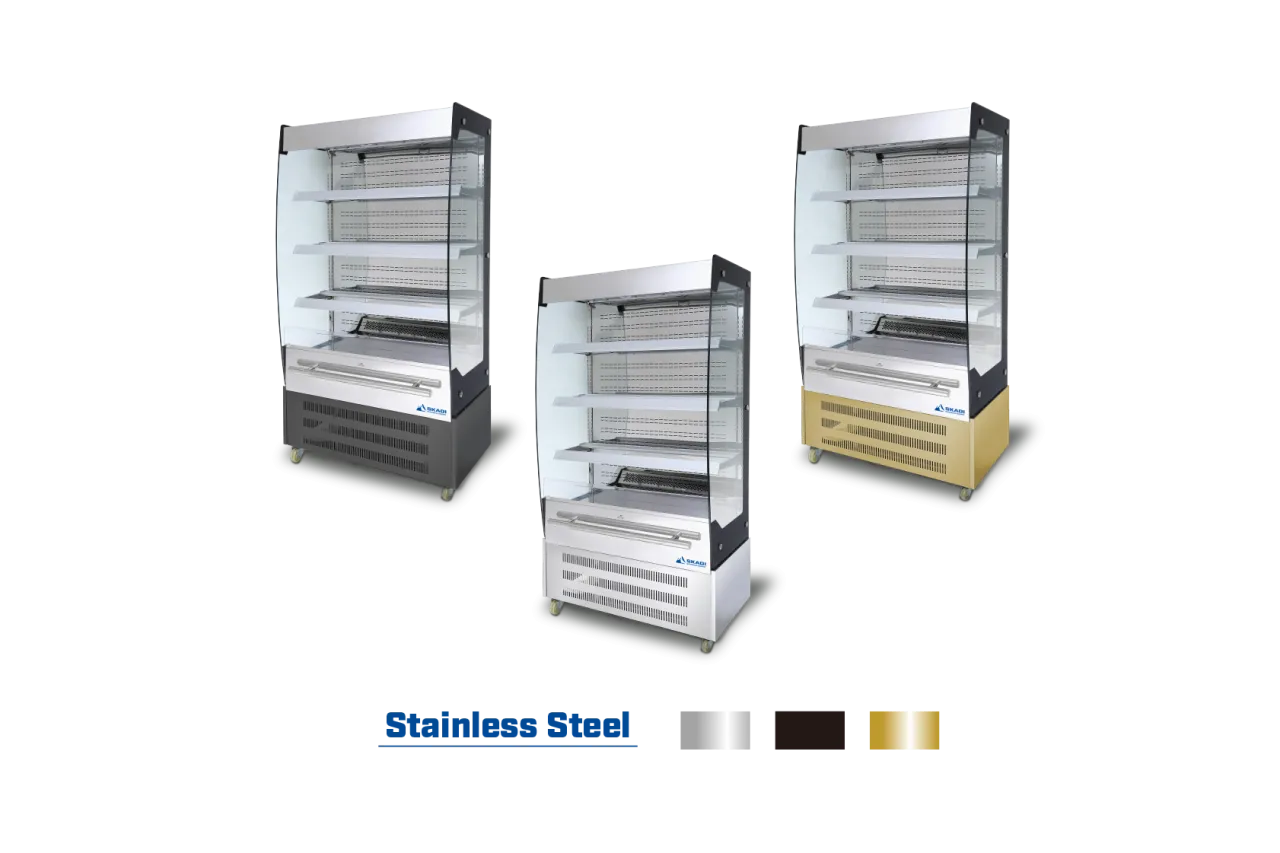 Three color variants of the Advanced Open Chiller for Bulk Orders EOC in stainless steel, black, and gold finishes, showcasing versatile aesthetic options for various retail environments.