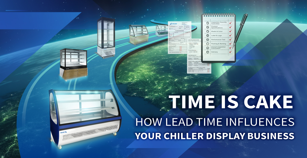 [Time is Cake: How Lead Time Influences Your Chiller Display Business] This image shows a futuristic and dynamic representation of chiller display units on a curved path over a glowing map of the Earth. The image includes various chiller display models and documents, such as inspection checklists and order forms, floating along the path. The text TIME IS CAKE and HOW LEAD TIME INFLUENCES YOUR CHILLER DISPLAY BUSINESS is prominently displayed at the bottom, emphasizing the importance of lead time in the chiller display business.