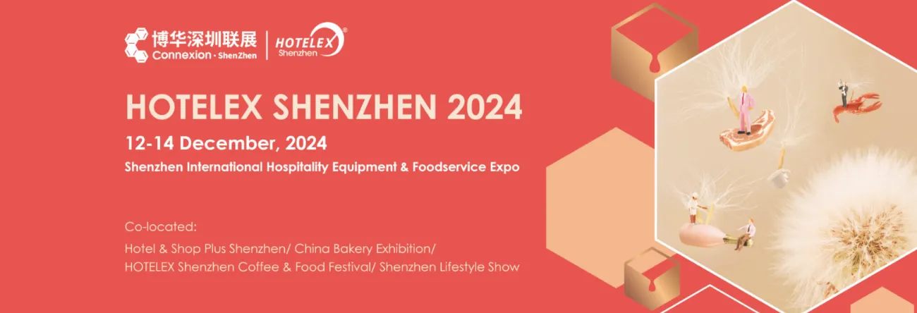 Promotional banner for Hotelex Shenzhen 2024, taking place from December 12-14, 2024. The banner highlights the event as the 'Shenzhen International Hospitality Equipment & Foodservice Expo.' The logos for Connexion Shenzhen and Hotelex are displayed at the top, with additional text mentioning co-located events like Hotel & Shop Plus Shenzhen, China Bakery Exhibition, Hotelex Shenzhen Coffee & Food Festival, and Shenzhen Lifestyle Show. The background is red with an abstract image of dandelion seeds carrying miniature figures, including people and food items.